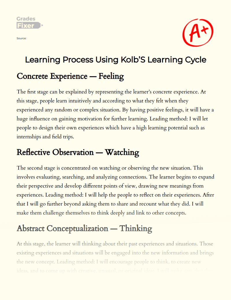 Learning Process Using Kolb’S Learning Cycle [Essay Example], 670