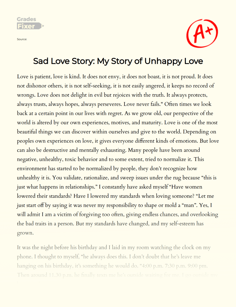 Sad Love Story My Story of Unhappy Love [Essay Example], 1624 words