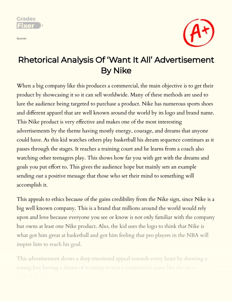 Rhetorical Analysis of ‘want It All’ Advertisement by Nike [Essay
