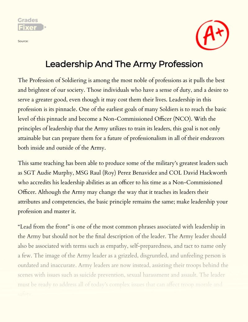 Leadership and The Army Profession [Essay Example], 1002 words GradesFixer