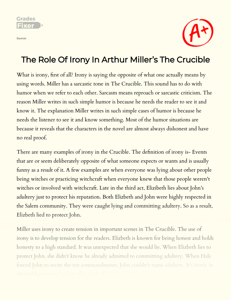 The Role Of Irony In Arthur Miller’s The Crucible [Essay Example], 450