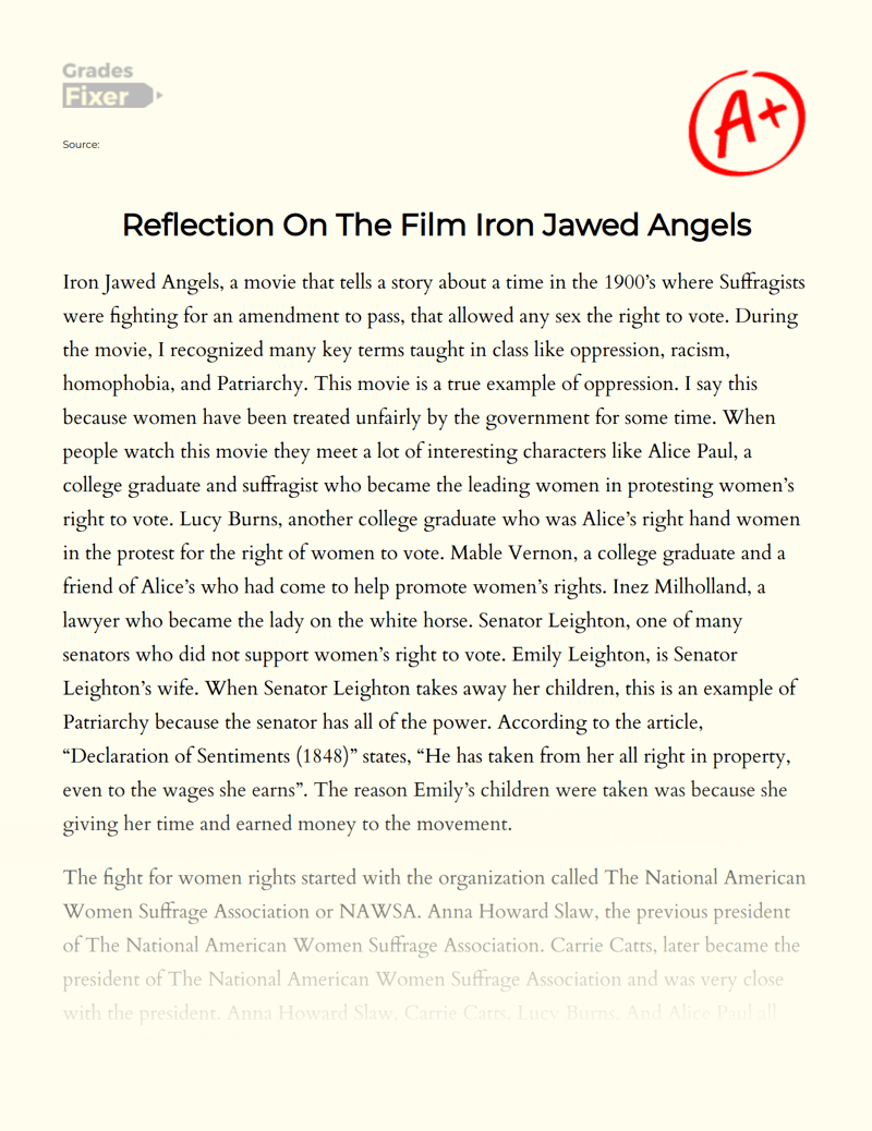 Reflection On The Film Iron Jawed Angels [Essay Example], 1071 words