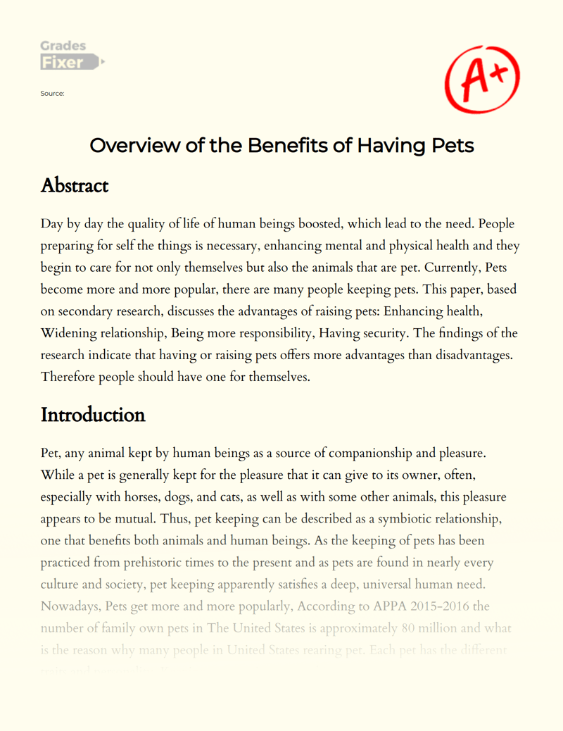 Overview of the Benefits of Having Pets [Essay Example], 1413 words GradesFixer