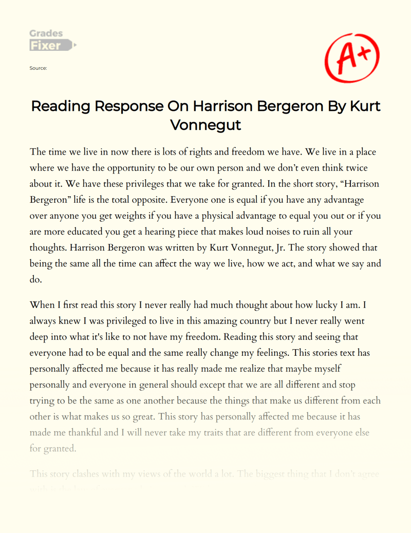 Reading Response On Harrison Bergeron By Kurt Vonnegut [Essay Example