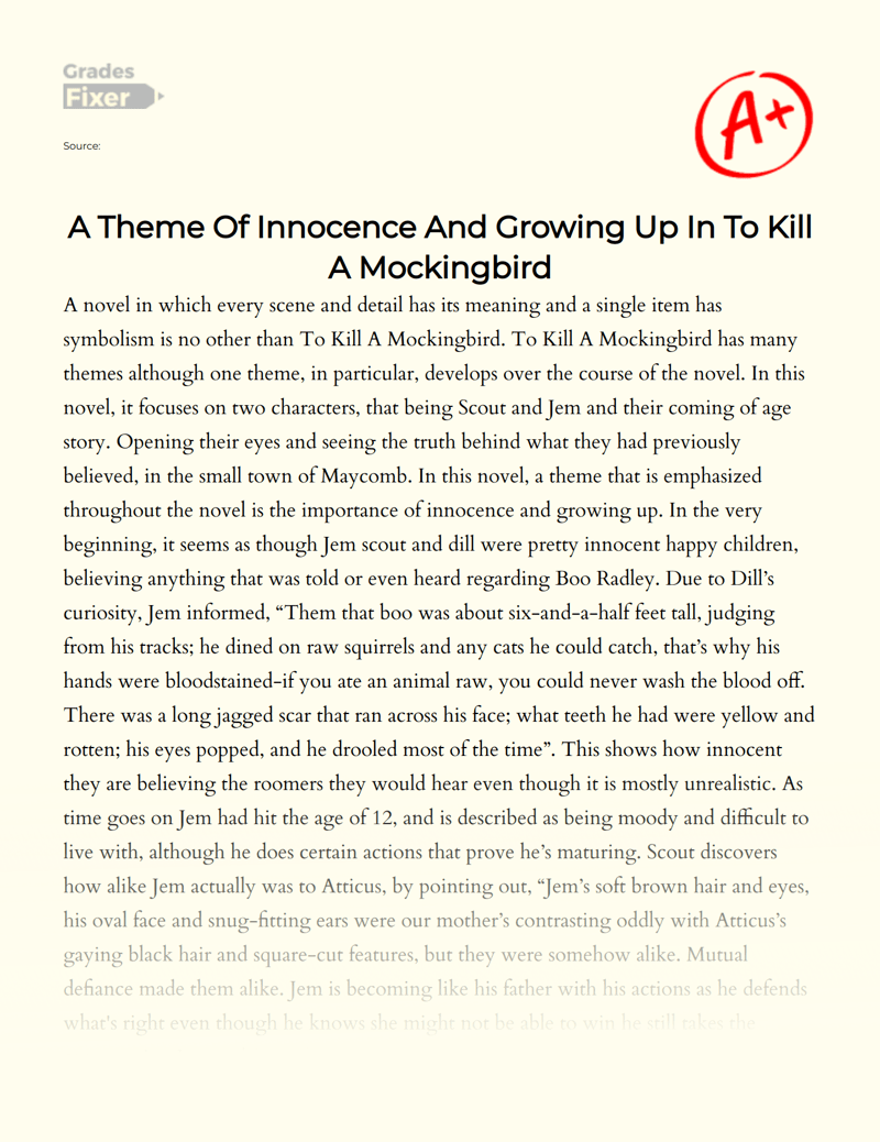 A Theme Of Innocence And Growing Up In To Kill A Mockingbird [Essay