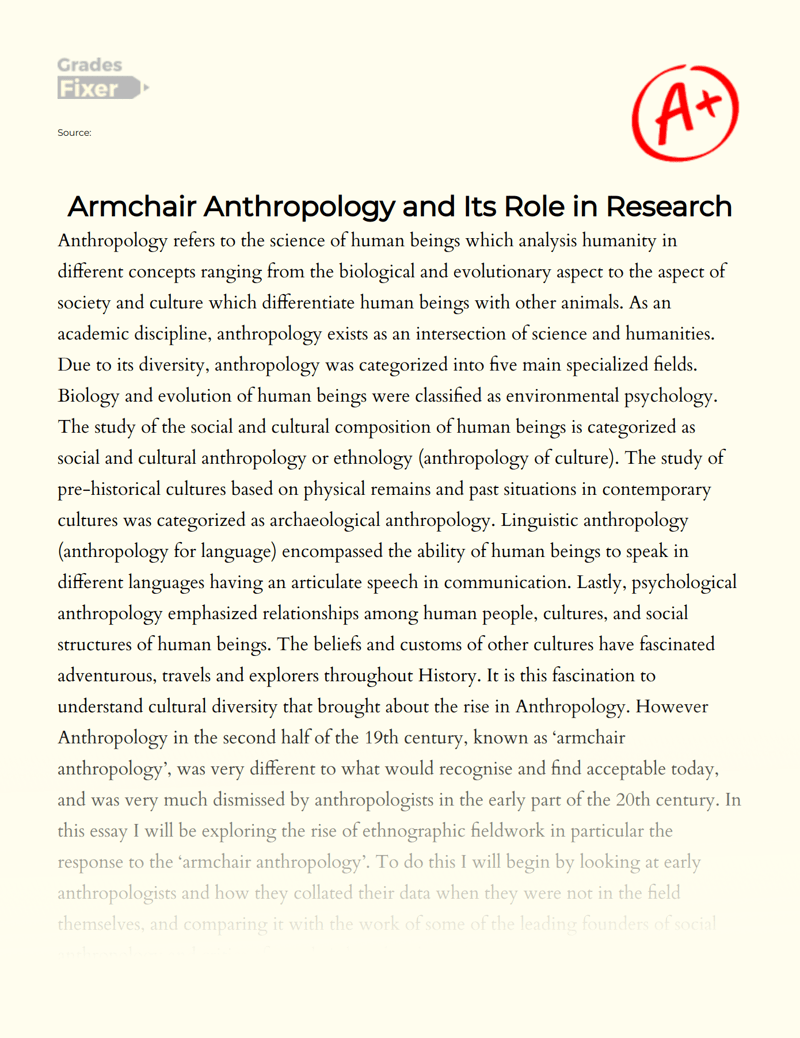 Armchair Anthropology and Its Role in Research [Essay Example], 2150