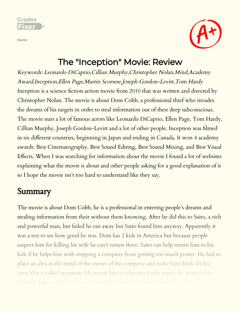 The "Inception" Movie Review [Essay Example], 637 words GradesFixer