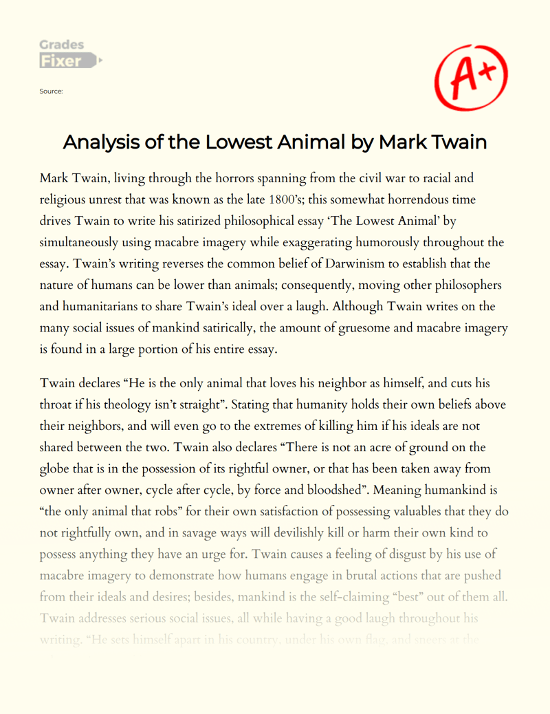 Analysis of the Lowest Animal by Mark Twain [Essay Example], 485 words