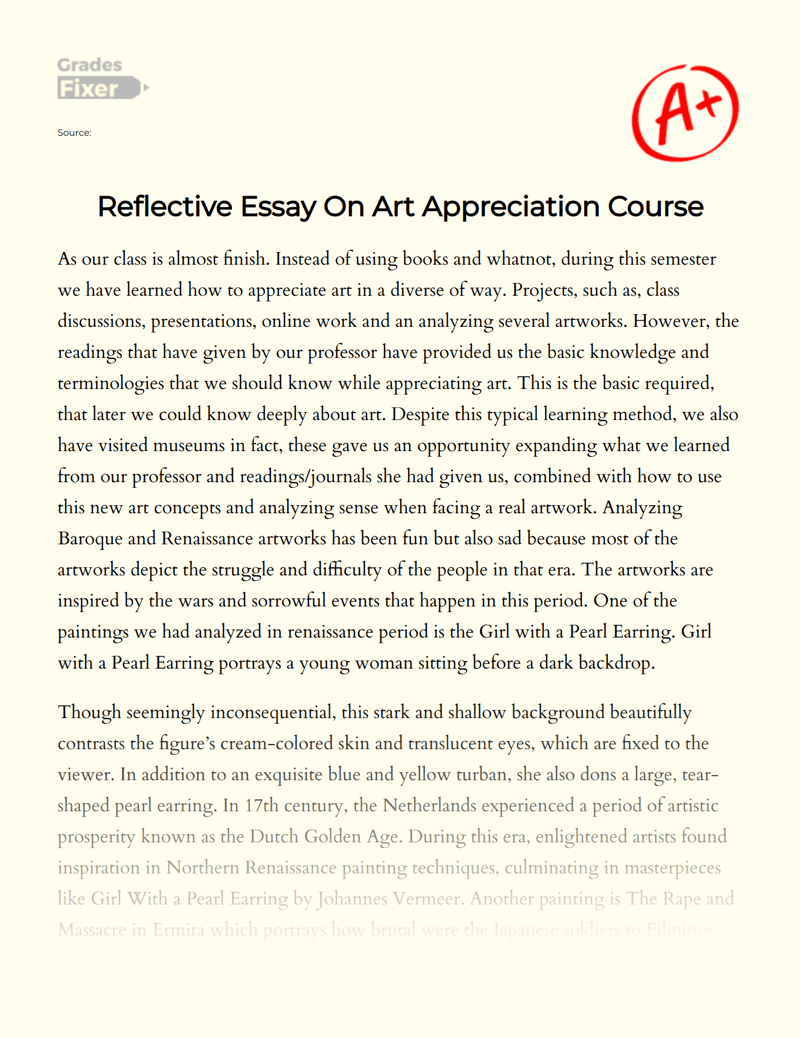 Reflective Essay On Art Appreciation Course [Essay Example], 888 words