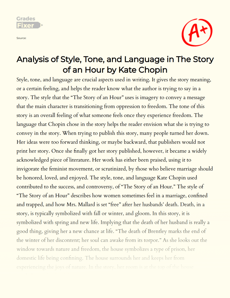 Analysis of Style, Tone, and Language in The Story of an Hour by Kate