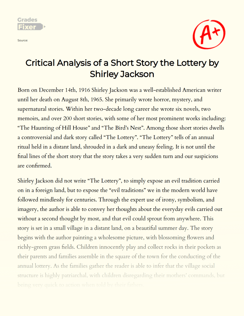 Critical Analysis of a Short Story the Lottery by Shirley Jackson