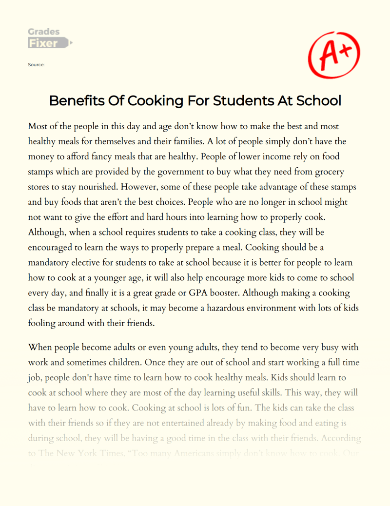 Benefits Of Cooking For Students At School [Essay Example], 838 words