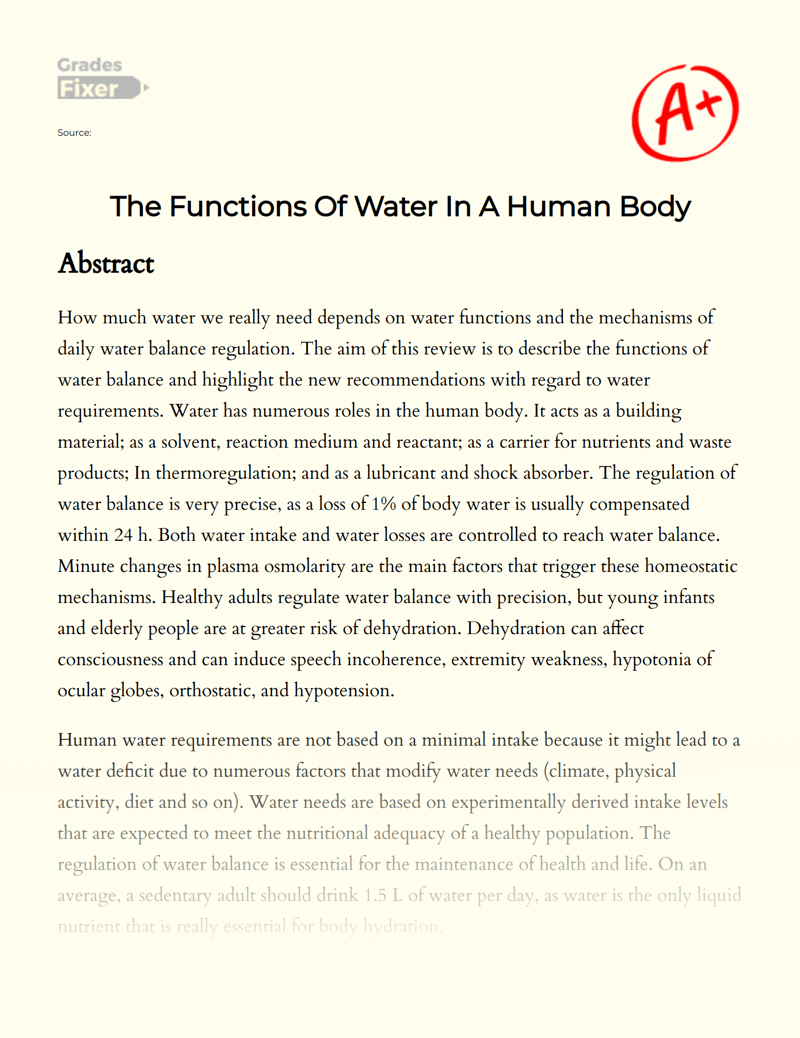 The Functions Of Water In A Human Body [Essay Example], 1572 words