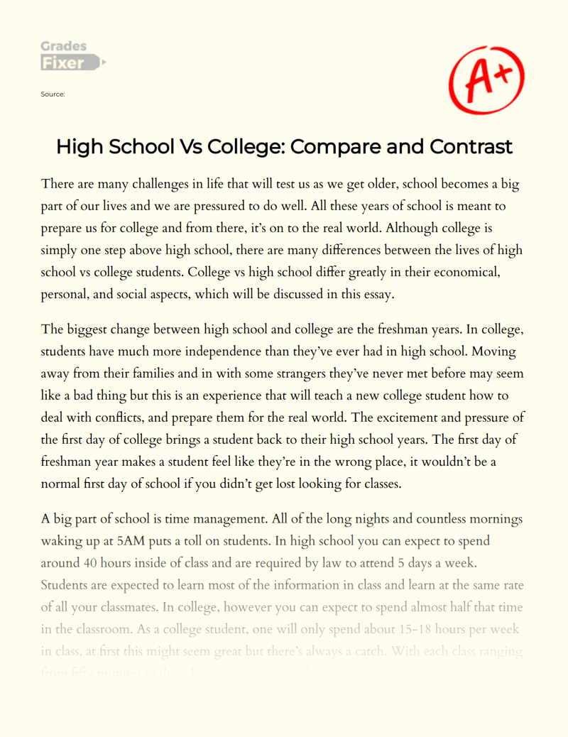 High School Vs College Compare and Contrast [Essay Example], 785