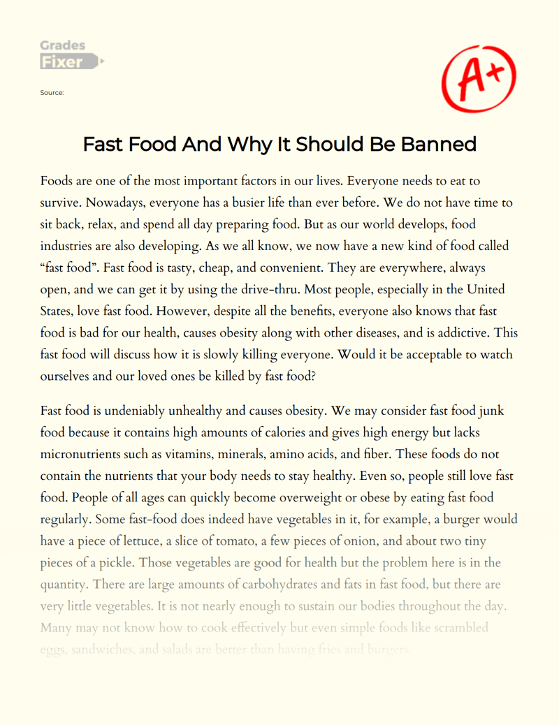 Fast Food And Why It Should Be Banned [Essay Example], 1465 words