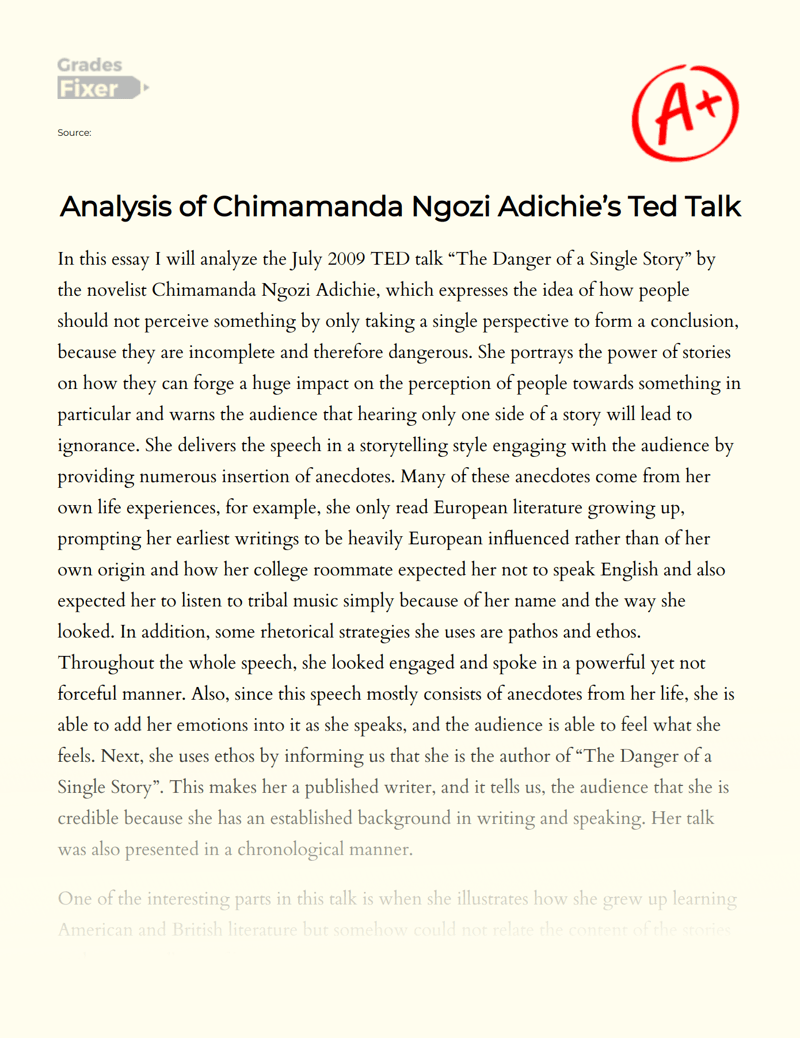 Analysis of Chimamanda Ngozi Adichie’s Ted Talk [Essay Example], 1243