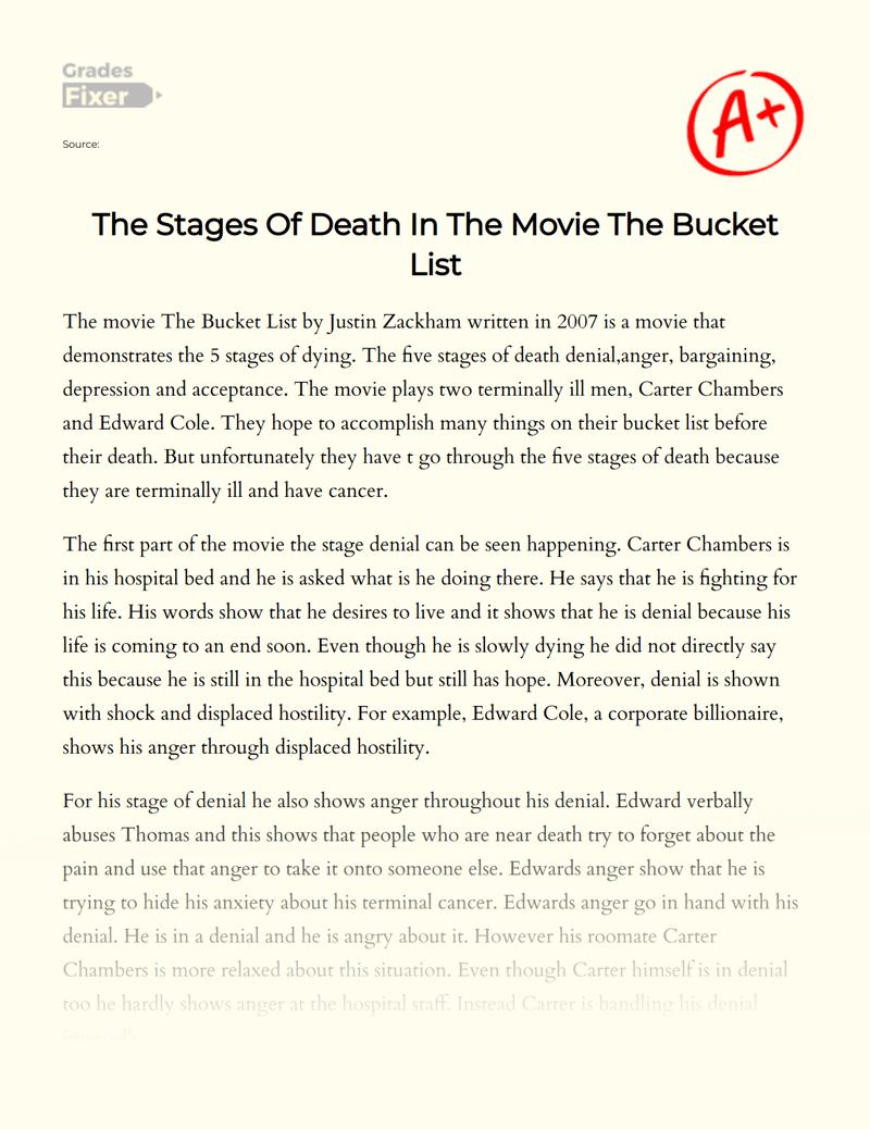 The Stages Of Death In The Movie The Bucket List [Essay Example], 624