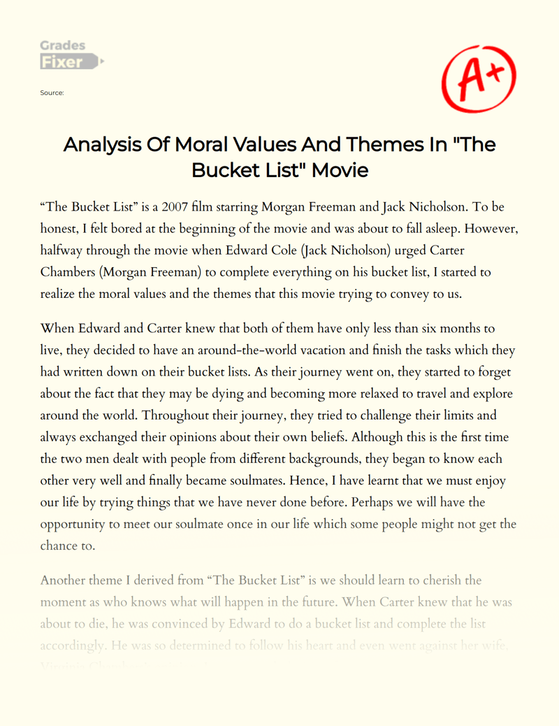 Analysis Of Moral Values And Themes In "The Bucket List" Movie [Essay