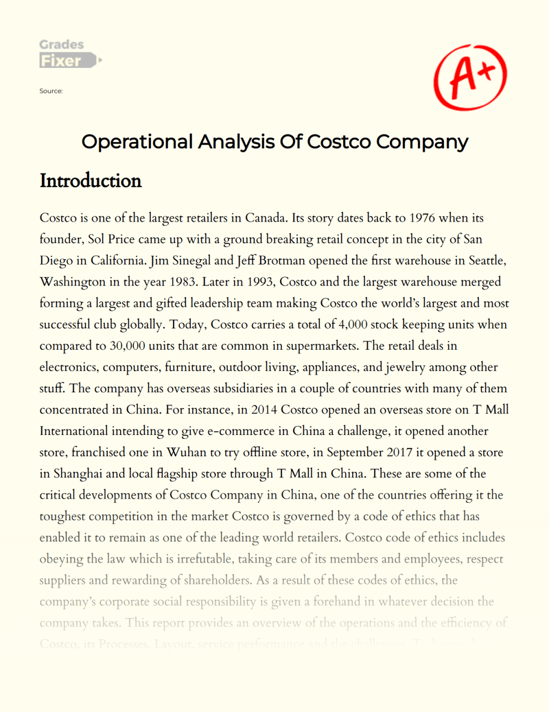 Operational Analysis Of Costco Company [Essay Example], 3349 words