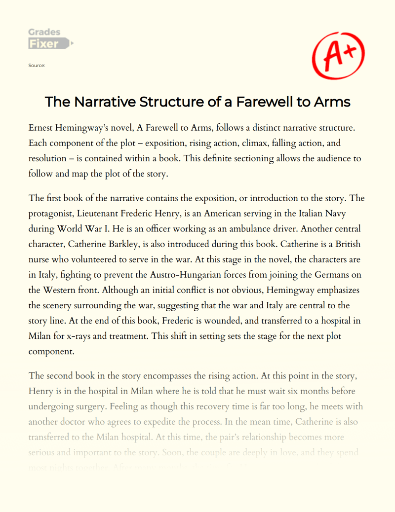 The Narrative Structure of a Farewell to Arms [Essay Example], 949