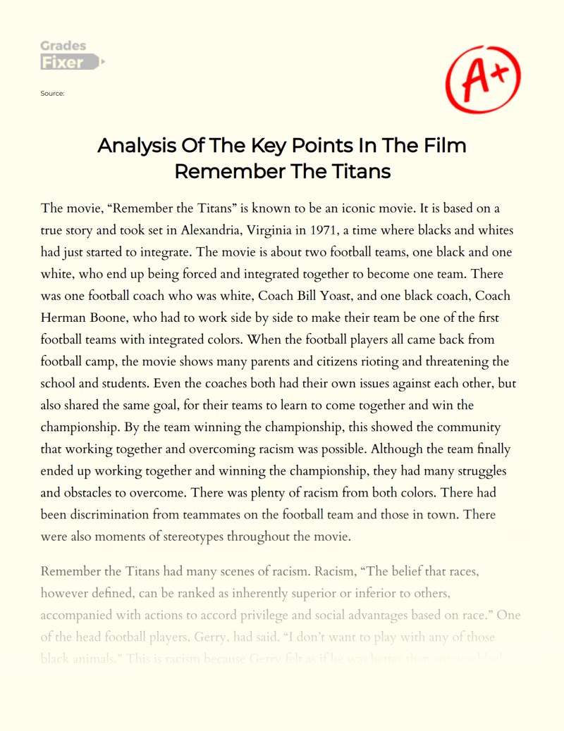 Analysis Of The Key Points In The Film Remember The Titans [Essay