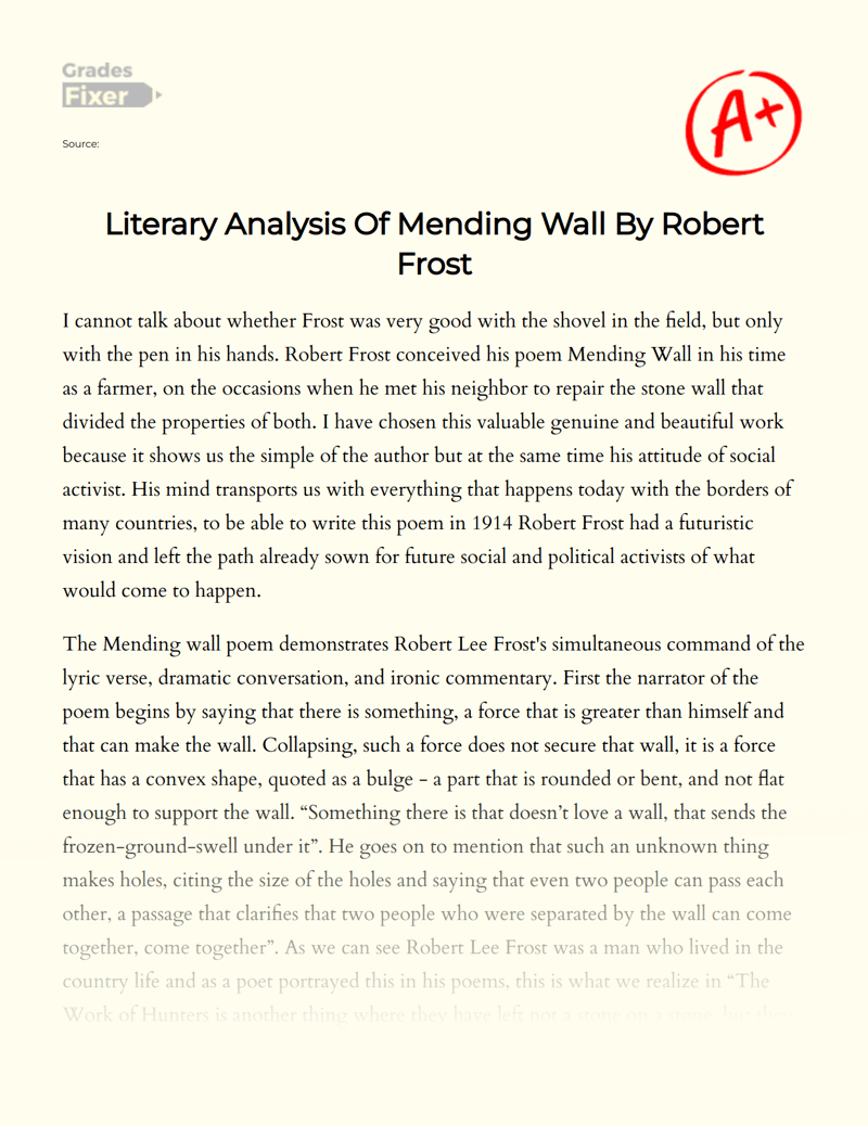 Literary Analysis Of Mending Wall By Robert Frost [Essay Example