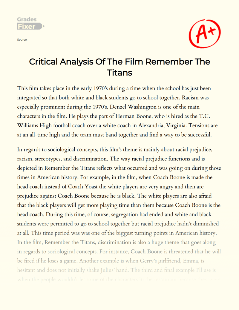Critical Analysis Of The Film Remember The Titans [Essay Example], 888