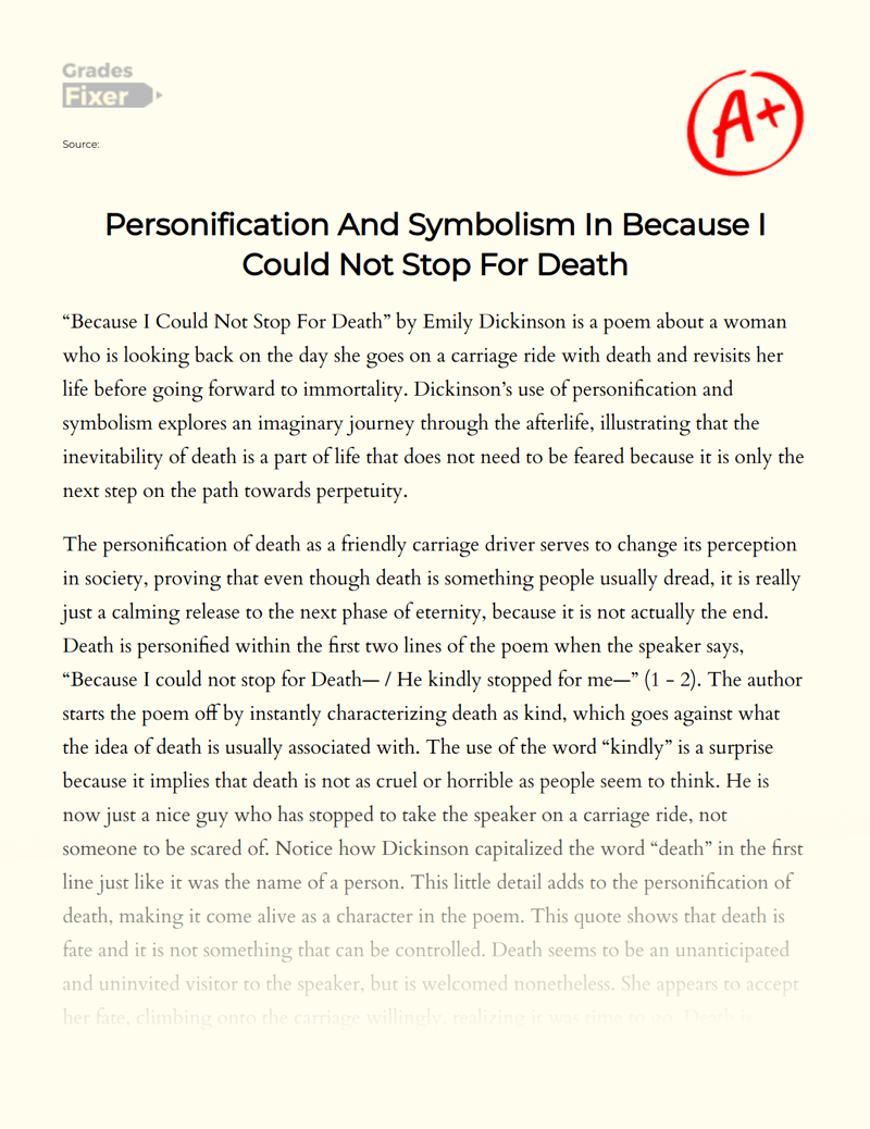 Personification And Symbolism In Because I Could Not Stop For Death