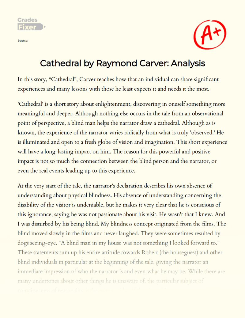 Cathedral by Raymond Carver Analysis [Essay Example], 1105 words
