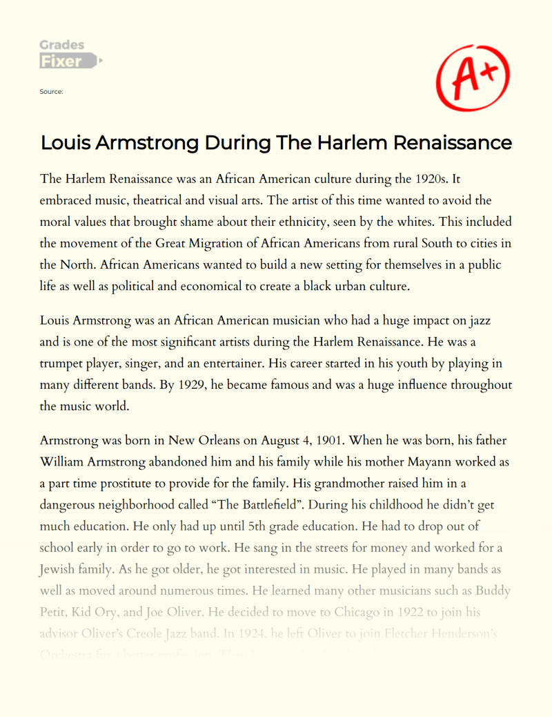 Louis Armstrong During The Harlem Renaissance [Essay Example], 719