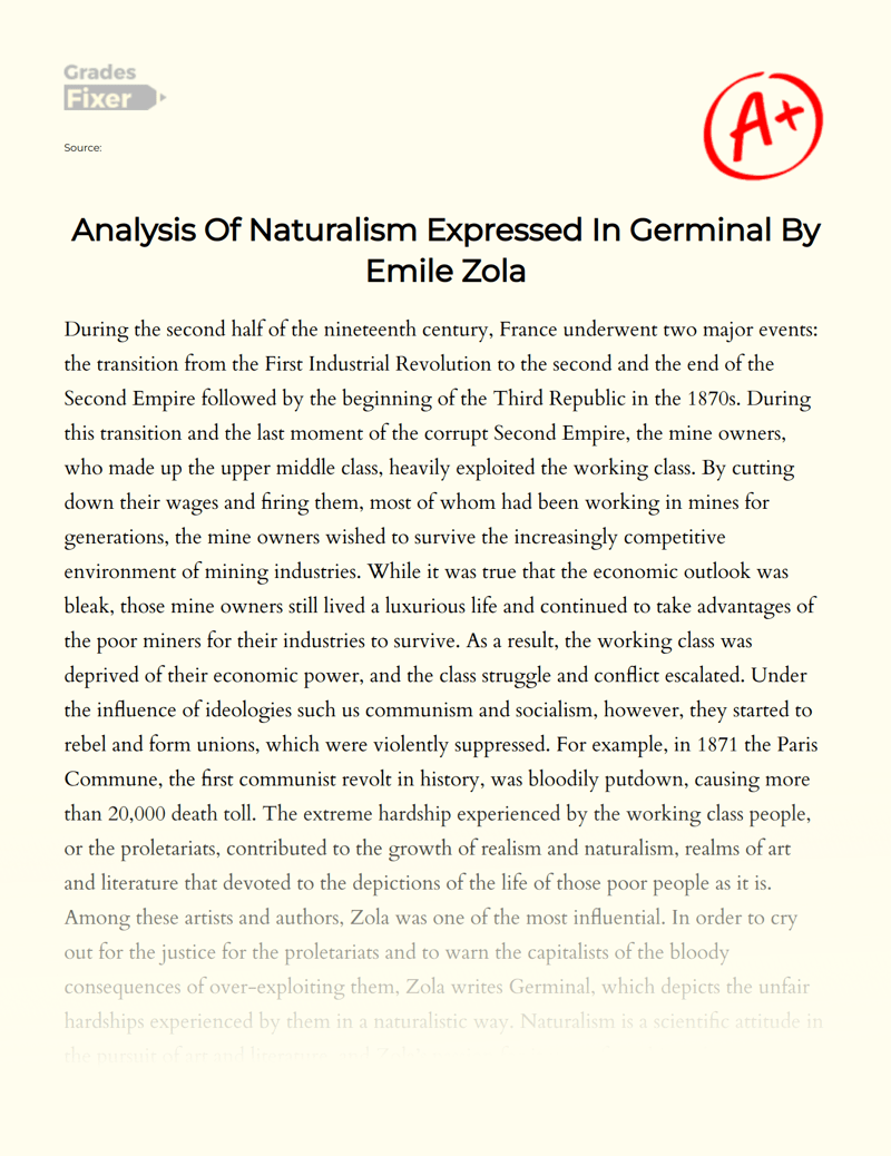 Analysis Of Naturalism Expressed In Germinal By Emile Zola [Essay