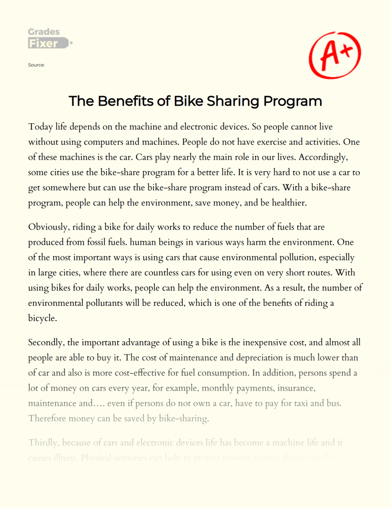 The Benefits of Bike Sharing Program [Essay Example], 436 words
