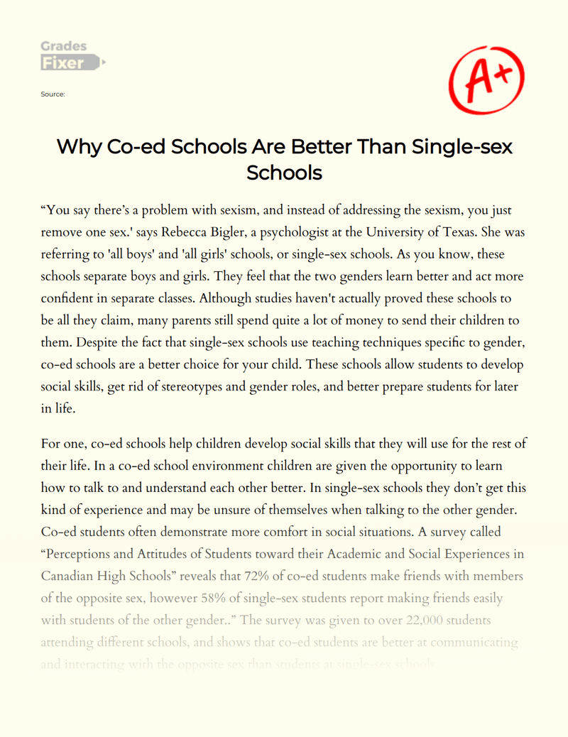 Why Coed Schools Are Better Than Singlesex Schools [Essay Example