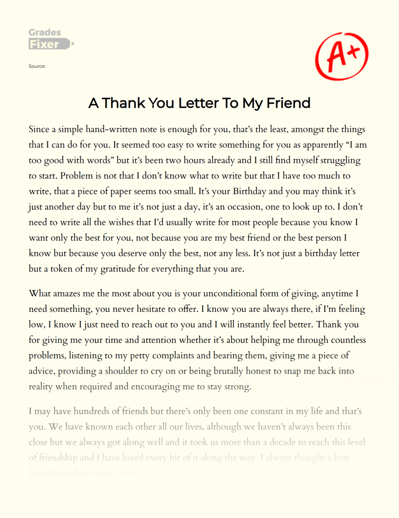 A Thank You Letter To My Friend [Essay Example], 667 words GradesFixer