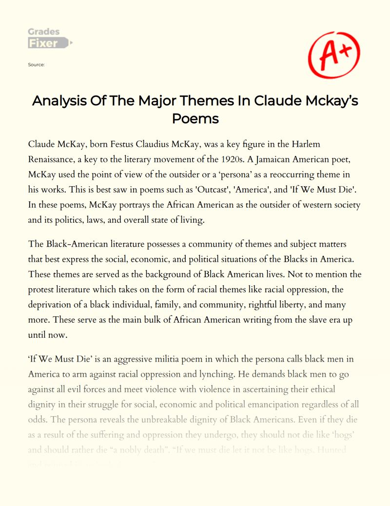 Analysis Of The Major Themes In Claude Mckay’s Poems [Essay Example