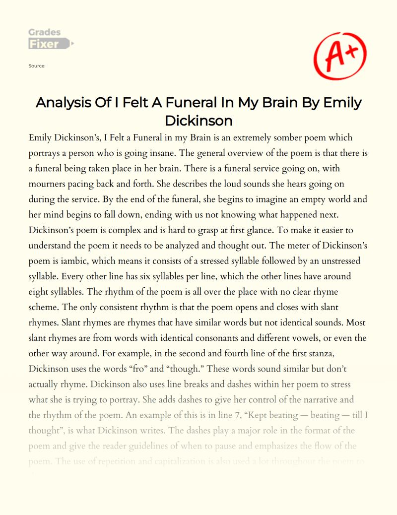 Analysis Of I Felt A Funeral In My Brain By Emily Dickinson [Essay