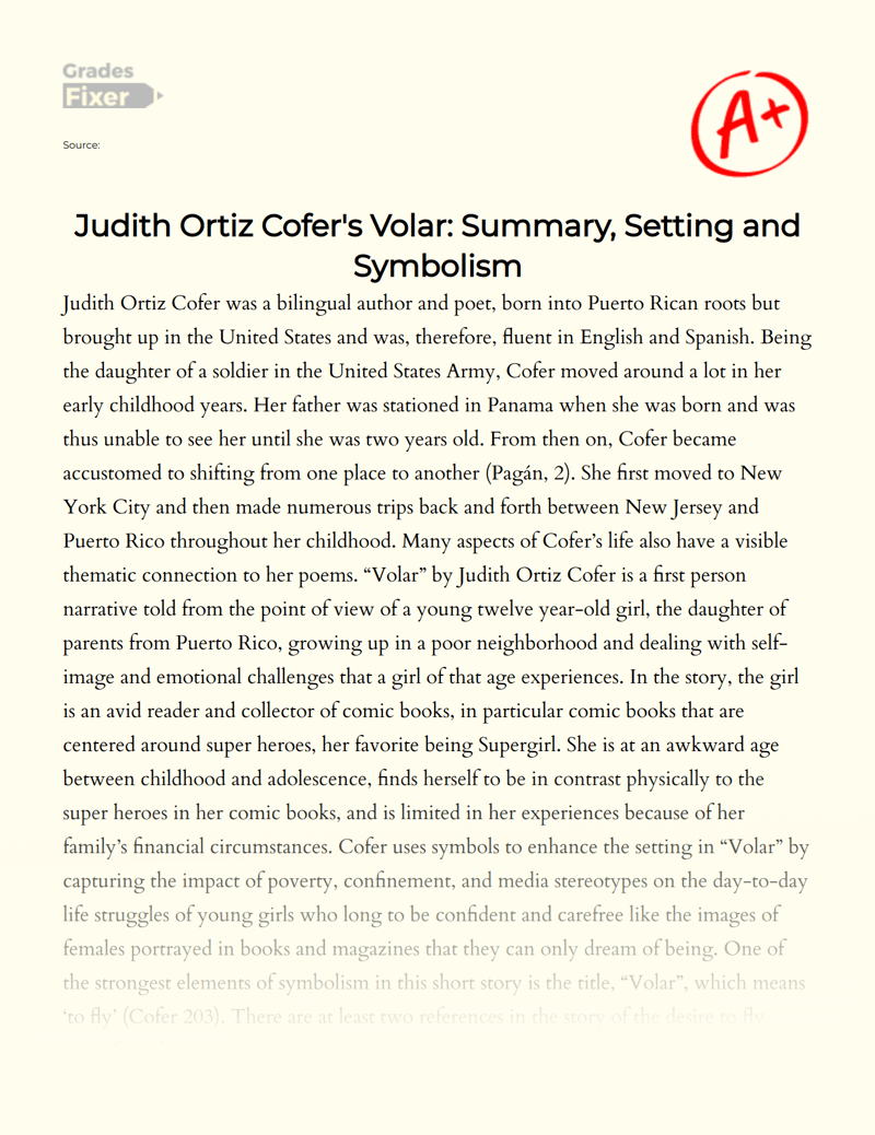Judith Ortiz Cofer's Volar Summary, Setting and Symbolism [Essay