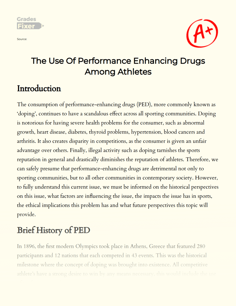The Use Of Performance Enhancing Drugs in Sports and Its Effects 1223 Words Essay Examples