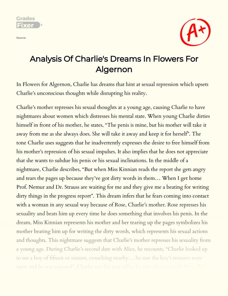 Analysis Of Charlie's Dreams In Flowers For Algernon [Essay Example