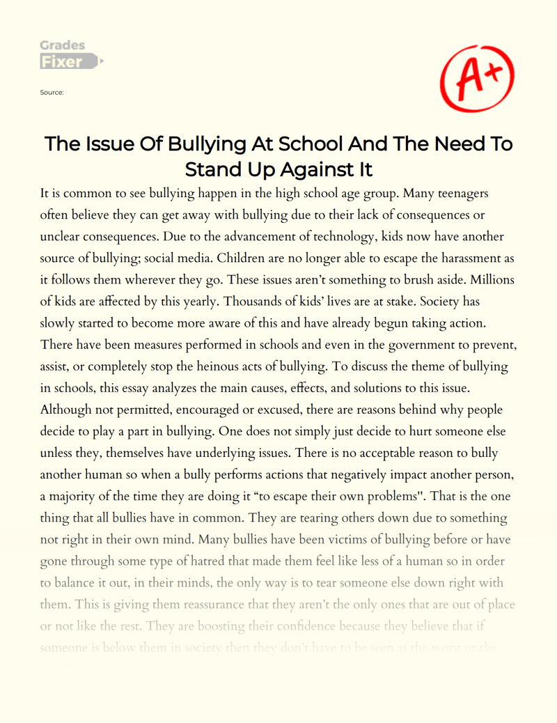 Bullying In Schools Causes, Effects, And Solutions [Essay Example