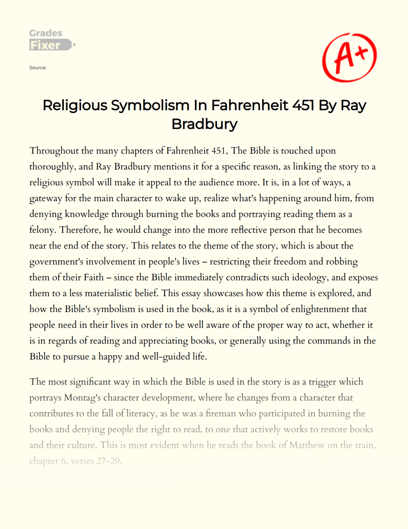 Religious Symbolism In Fahrenheit 451 By Ray Bradbury [Essay Example