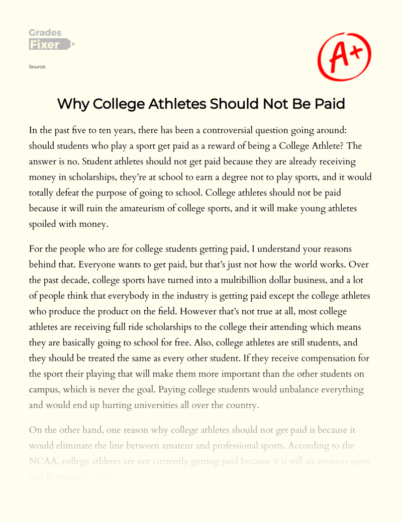 Why College Athletes Should Not Be Paid [Essay Example], 1167 words