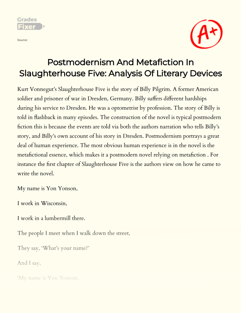 Postmodernism And Metafiction In Slaughterhouse Five Analysis Of