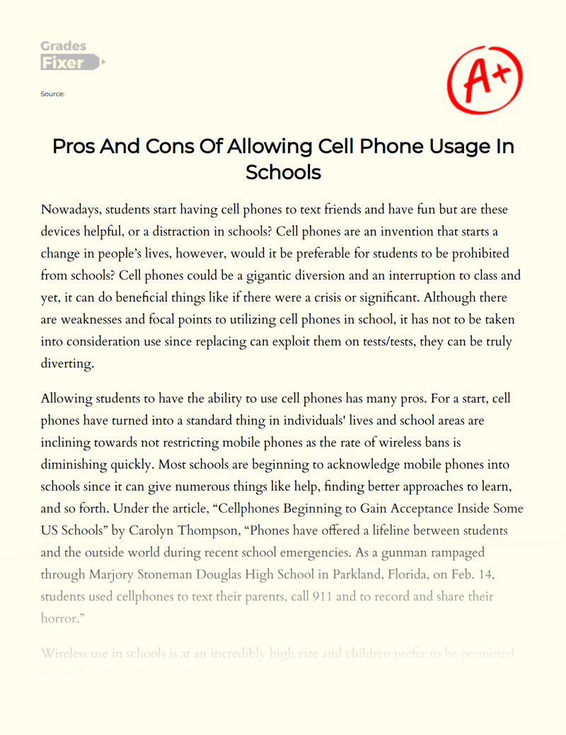 Pros And Cons Of Allowing Cell Phone Usage In Schools [Essay Example