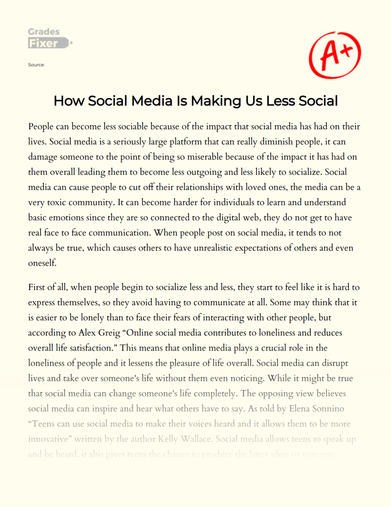 How Social Media Is Making Us Less Social [Essay Example], 728 words