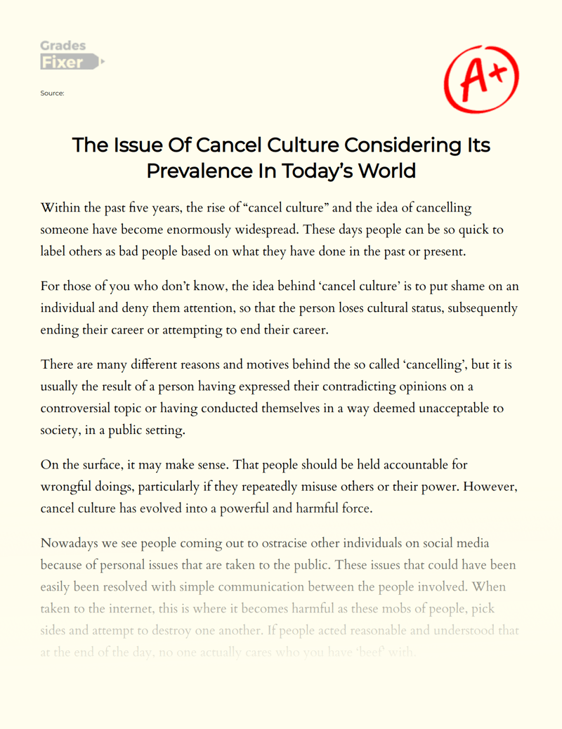 The Issue Of Cancel Culture Considering Its Prevalence In Today’s World