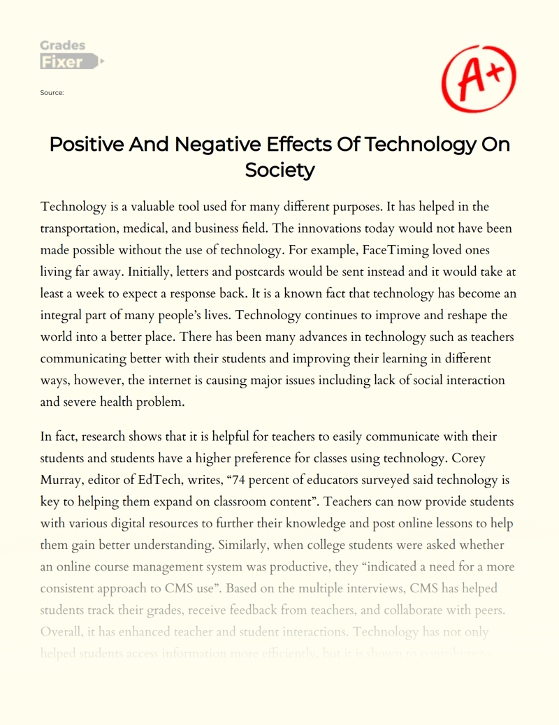 Positive And Negative Effects Of Technology On Society [Essay Example