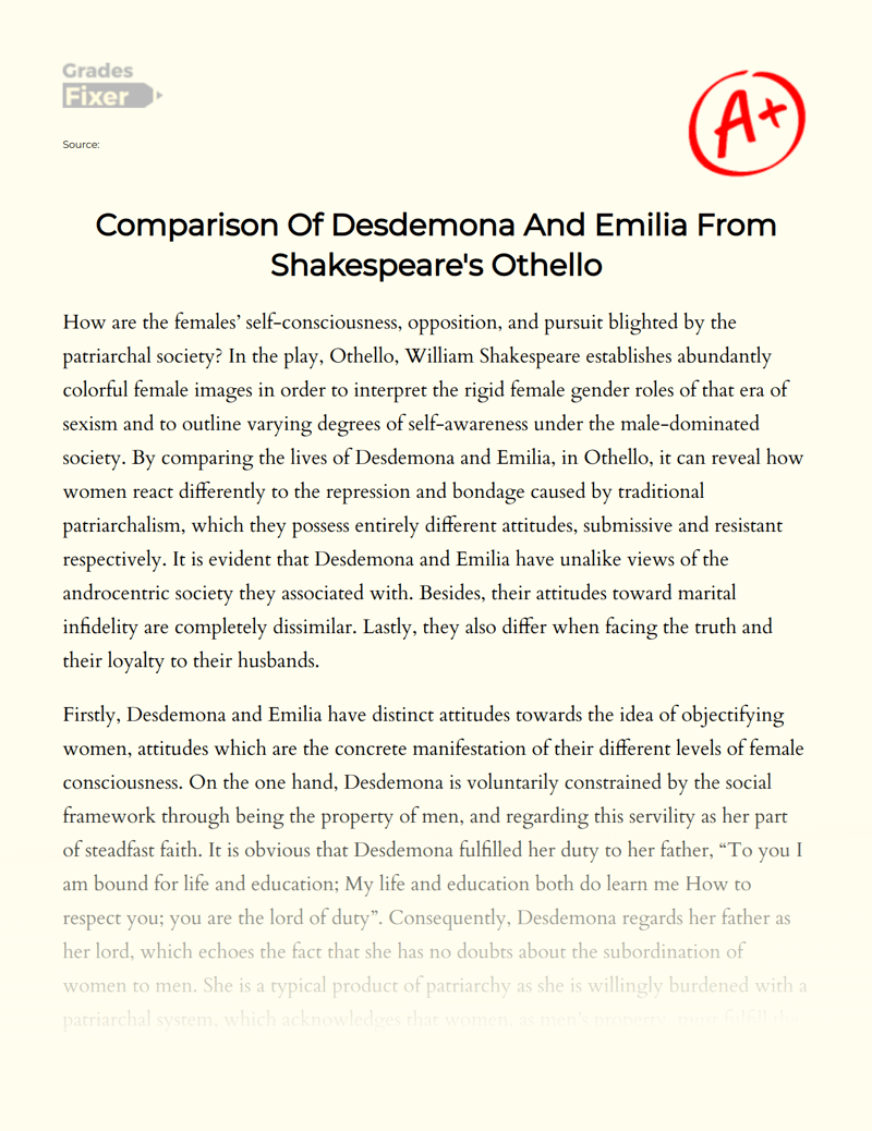 Comparison Of Desdemona And Emilia From Shakespeare's Othello [Essay