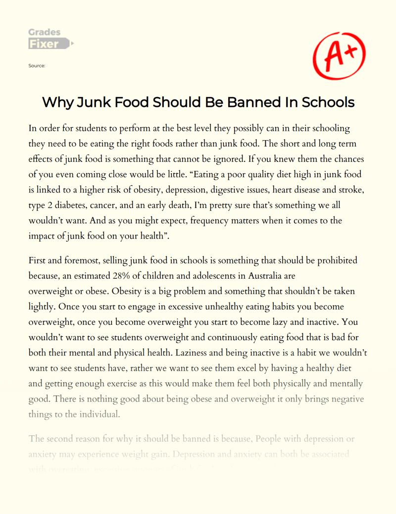 Why Junk Food Should Be Banned In Schools [Essay Example], 823 words