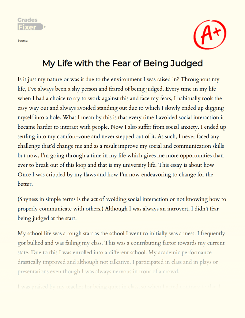 The Fear of Being Judged in My Life [Essay Example], 790 words GradesFixer